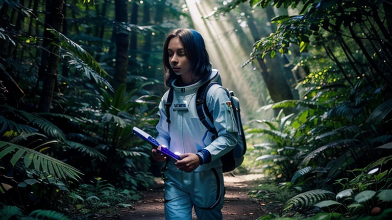 Astronaut: A woman in a white and gold spacesuit, with helmet and backpack. She holds a glow stick in one hand and a tablet in the other.
Forest: Tall, vibrant trees with leaves in shades of purple, blue and green. Exotic plants with bioluminescent flowers illuminate the forest floor.
Animals: Peaceful alien creatures graze among the trees. A small furry animal with big curious eyes approaches the astronaut.
Additional details: Sunbeams filter through the tree canopy, creating an effect of light and shadow. A crystal clear waterfall flows in the background of the scene. In the sky, stars and galaxies can be seen through the space haze.
Style:

Realistic, with a focus on details and textures.
Vibrant colors and dramatic lighting.
A sense of wonder and discovery.
Example prompts:

A realistic photo of an astronaut exploring a lush alien forest.
A digital painting of a female astronaut in a white and gold spacesuit walking through a forest with purple, blue and green trees.
A watercolor illustration of an astronaut holding a glow stick and a tablet while observing a small furry alien animal in a bioluminescent forest.
An anime-style image of an astronaut with big eyes and long hair, exploring a magical forest with fantastic creatures.
A 3D photo of an astronaut on an alien planet, surrounded by exotic plants and animals.
