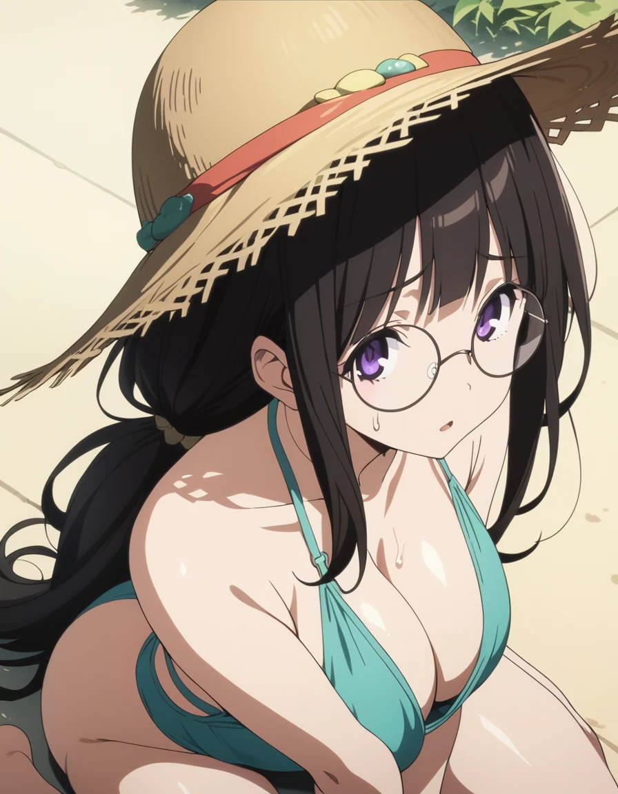 1girl,chitandaeru,
long hair, black hair, purple eyes,
solo,sitting,wariza,hands between legs,looking at viewer,gigantic breasts,long hair,green hair,low twintails,plunging swimsuit,plaids petten,straw hat,round frame glasses,outdoors,green eyes,shy,parted lips,sweatdrop,v arms,from above,
masterpiece, best quality, ultra detailed, highres,4k,(ultra-detailed:1.4) (illustration:0.5), (ray tracing,:0.8),(anime colored:0.7),(ai-generated:0.5), (anime screencap:1.2),