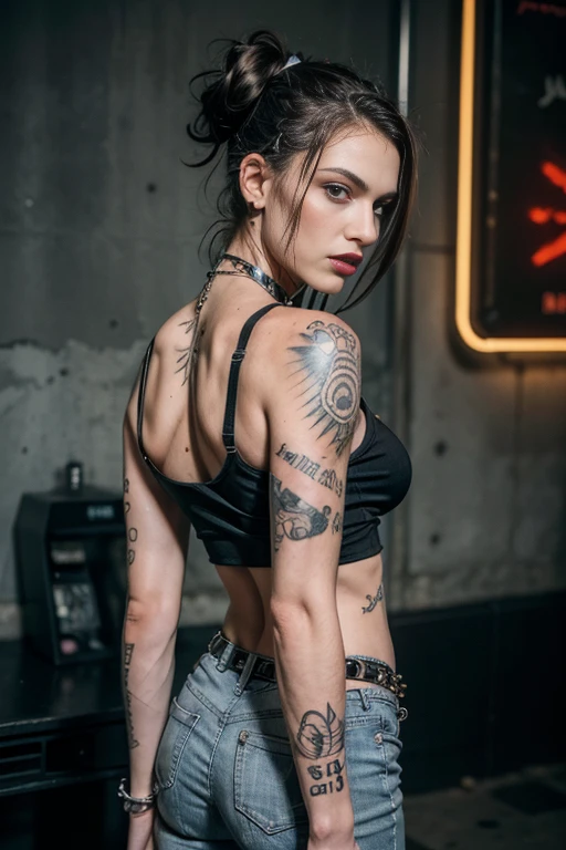(best quality,highres),(realistic:1.37),back shot, blonde sexy punk woman,smokey eyes,excited gaze,pale,thin figure,skinny,medium-sized breasts,choker,tight pants,thin white belly,tight tank top,tattoos,seductive atmosphere,graffiti backdrop,industrial setting,silver chains,emotional intensity,darker shadows,vivid lipstick,expressive body language,leather accessories,fierce attitude,edgy hairstyle,strong jawline,blueish hues,neon lights,rock music vibes,concrete walls,tattooed arms,studded bracelets,sharp eyebrow arches,dark nail polish,confident posture,sensual movements,smoky atmosphere,low-key lighting
