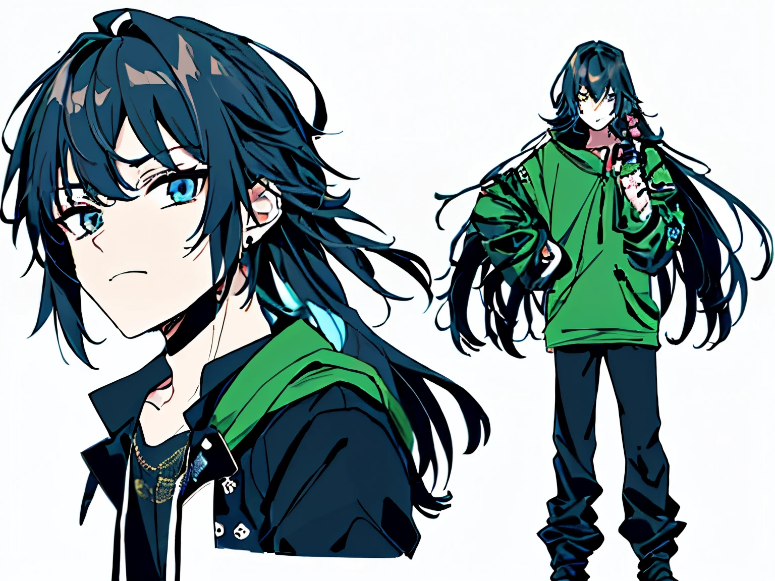 a drawing of a young boy with redhead long hair in dreadlocks and Green clothes, ((Redhead)), ((Long hair in dreadlocks)), fullbody photo:1.5, single character full body, full body character,  -old aniyoung male, dressed in punk clothing, witchcore clothes, style anime, hip emo fashion, goth punk clothes, neo goth, wearing cyberpunk streetwear, mall goth, dressed in crustpunk clothing, goth style, gloomy style, black streetwear, anime character, Perfect anatomy, perfect hands, super detailed, White background,