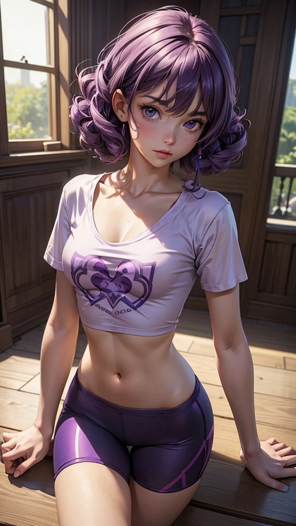 (masterpiece), (best quality), (detailed), light layer, 1solo girl, young girl, perfect body, purple hair in curls, defined large chest, small waist,defined collarbone, ultra realistic, photorealistic, detailed, ,Enhance, wearing a anime shirt and bike shorts, living room background, all fours, back turned, looking over shoulder 