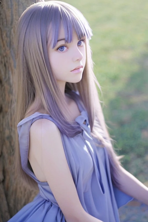 shinkai makoto anime, one pretty girl, beige long hair, lavender eyes, dark blue dress