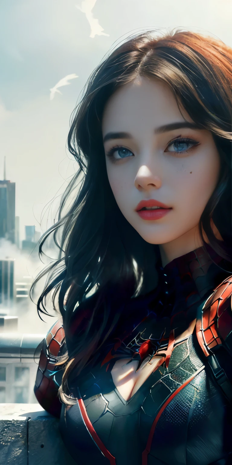 (1girl:1.3), Solo, (((Very detailed face)))), ((Very detailed eyes and face)))), Beautiful detail eyes, Body parts__, Official art, Unified 8k wallpaper, Super detailed, beautiful and beautiful, beautiful open cleavage, masterpiece, best quality, original, masterpiece, super fine photo, best quality, super high resolution, realistic realism, sunlight, full body portrait, amazing beauty, dynamic pose, delicate face, vibrant eyes, (from the front), She wears Spider-Man suit, red and black color scheme, spider, very detailed city roof background, rooftop, overlooking the city, detailed face, detailed complex busy background, messy, gorgeous, milky white, highly detailed skin, realistic skin details, visible pores, clear focus, volumetric fog, 8k uhd, DSLR, high quality, film grain, fair skin, photo realism, lomography, futuristic dystopian megalopolis, translucent