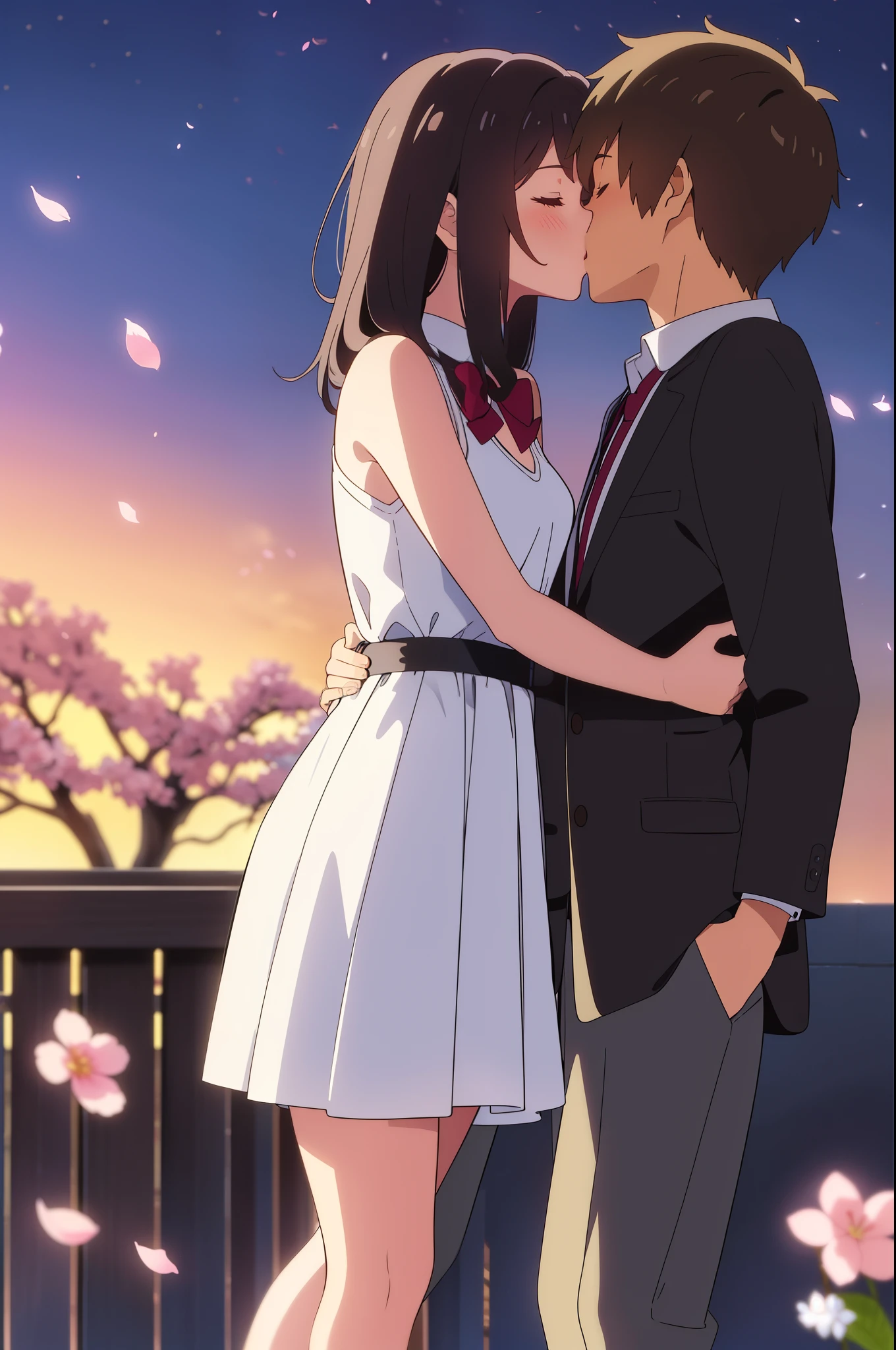 shinkai makoto, kimi no na wa., 1girl, 1boy, bangs, black hair, blush, (boy wear casual clothes), ((girl wear casual clothes, white dress, short dress, bare shoulders), red headband, red bow, red ribbon), short hair, cute, love, couple, adorable, dating, (((kiss, deep kiss))), closed eyes, passionate hug, cherry_blossoms, falling_petals, petals, branch, pink_flower, night, night sky, dynamic lights, spring_season, tree