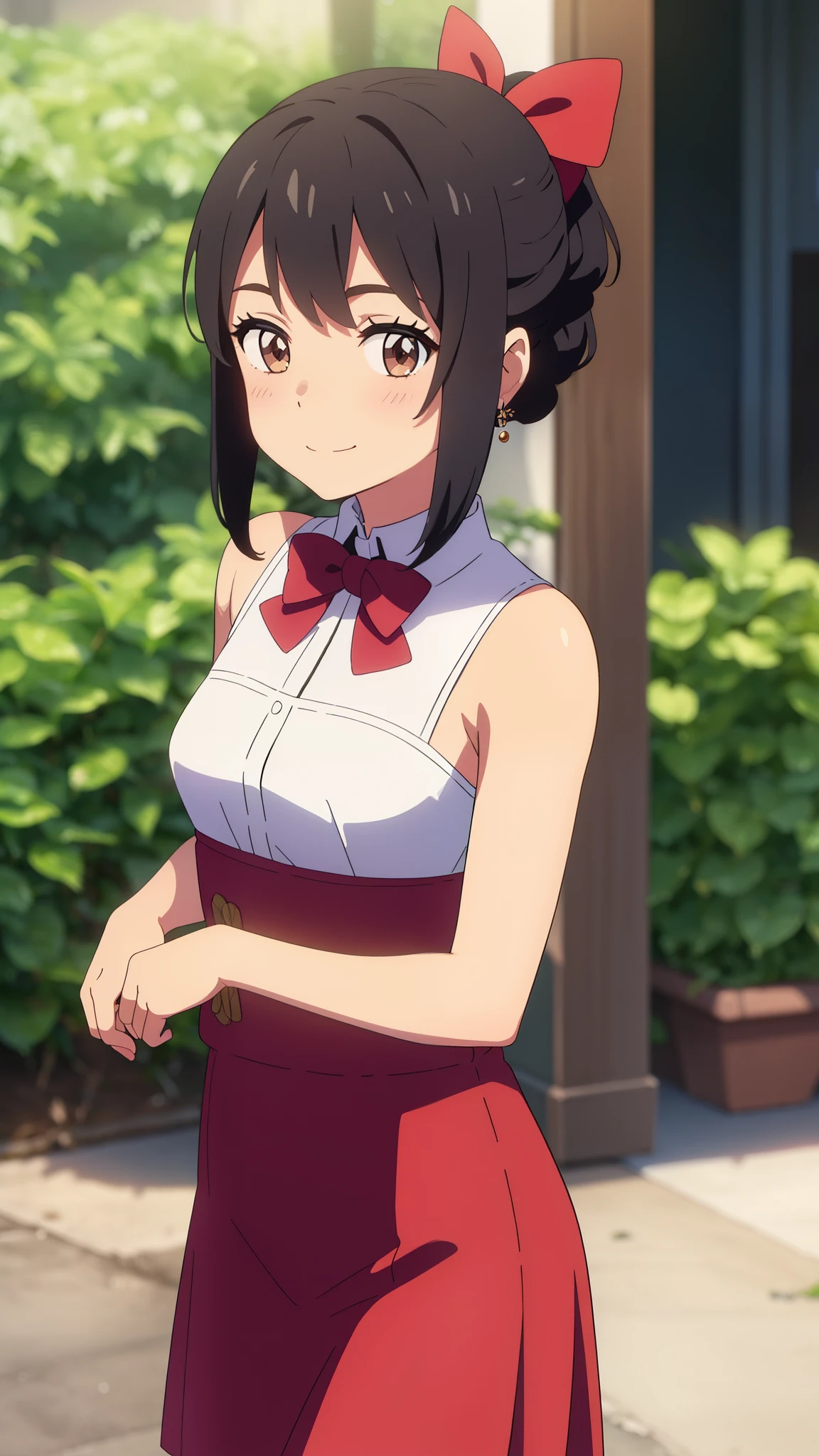 shinkai makoto, kimi no na wa., 1girl, bangs, black hair, blush, brown eyes, shinny hair, shinny skin, red headband, red bow, red ribbon, chemise dress, short hair, smile, cute girl, solo, happy, beautiful, looking at the viewer, short sleeves, earrings, pastel color, watercolor, flower background