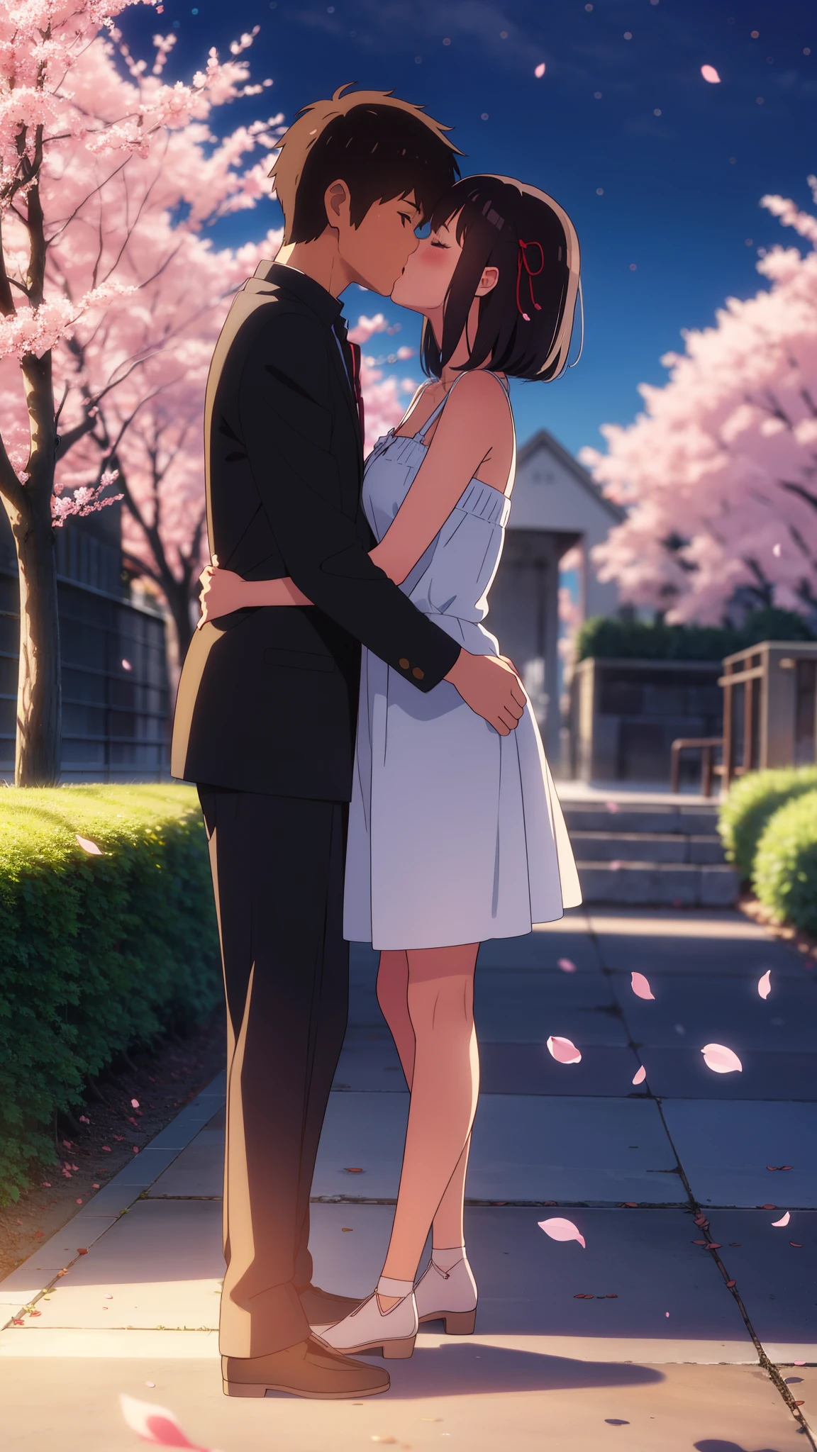 shinkai makoto, kimi no na wa., 1girl, 1boy, bangs, black hair, blush, (boy wear casual clothes), ((girl wear casual clothes, white dress, short dress, bare shoulders), red headband, red bow, red ribbon), short hair, cute, love, couple, adorable, dating, (((kiss, deep kiss))), closed eyes, passionate hug, cherry_blossoms, falling_petals, petals, branch, pink_flower, night, night sky, dynamic lights, spring_season, tree