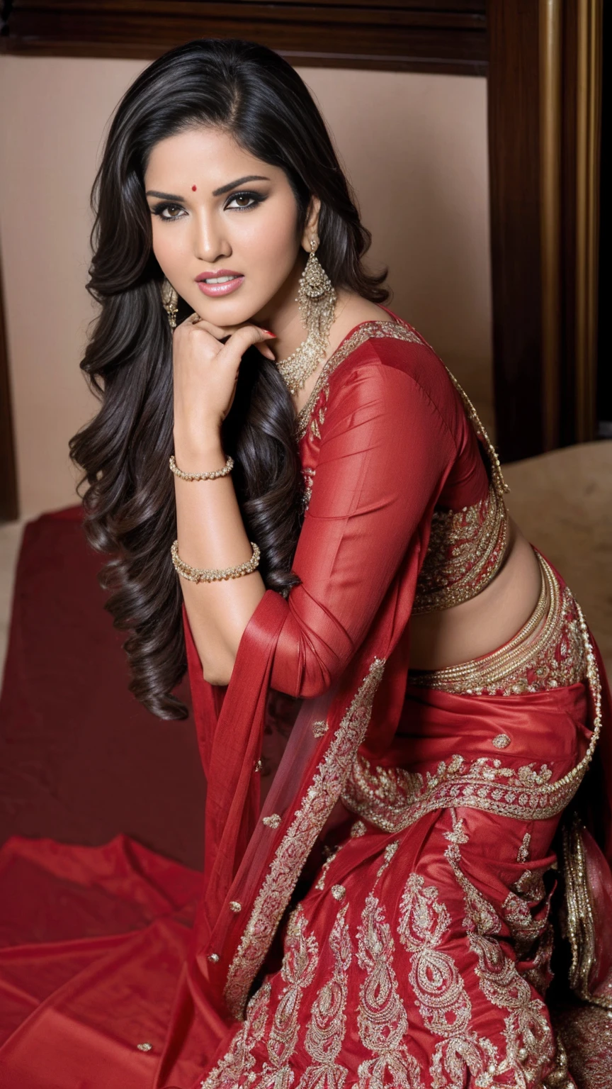  Indian actress sunny leone 30 year old (Nataliya portman) in beautiful red bridal saree black hair romantic poses 8k hyperrealstic full detailed 