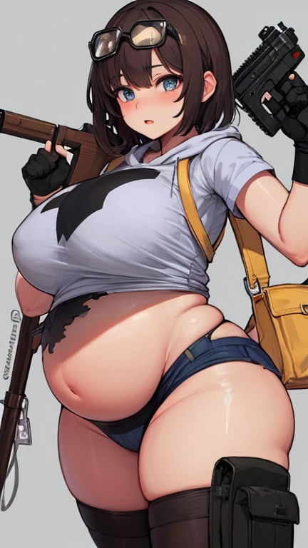solo thick figure thick thighs ??????????? size ???????? size blue eyes tan skin girl short dark brown messy hair wear fingerless gloves wear short crop top hoodie wear short crop jean ripped wear holster wear black stocking holding a rifle on hands wear tactical backpack wear tactical goggle on head huge pregnant belly bursting