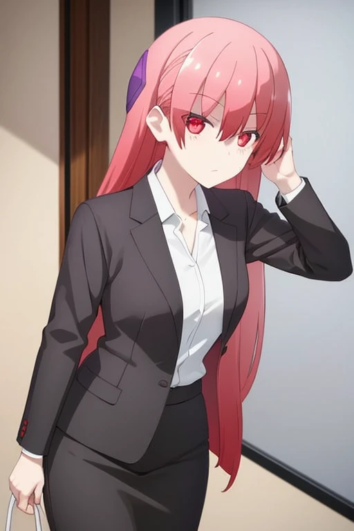 1girl, tsukasa tsukuyomi, suit, office lady, black skirt, black blazer, pencil skirt, white shirt, collared shirt, long hair, teenager, looking at viewer, full body