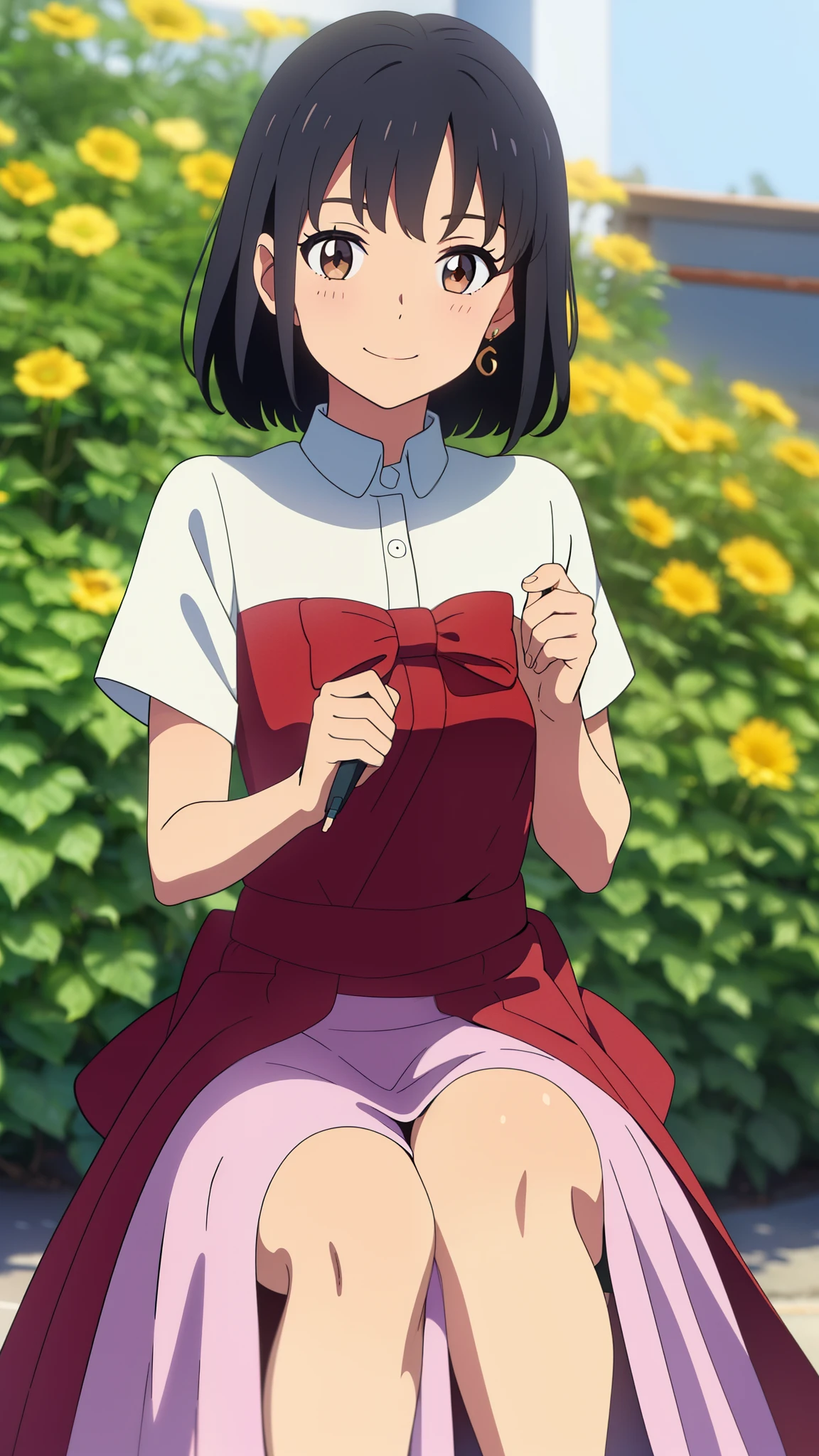 shinkai makoto, kimi no na wa., 1girl, bangs, black hair, blush, brown eyes, shinny hair, shinny skin, red headband, red bow, red ribbon, chemise dress, short hair, smile, cute girl, solo, happy, beautiful, looking at the viewer, short sleeves, earrings, pastel color, watercolor, flower background