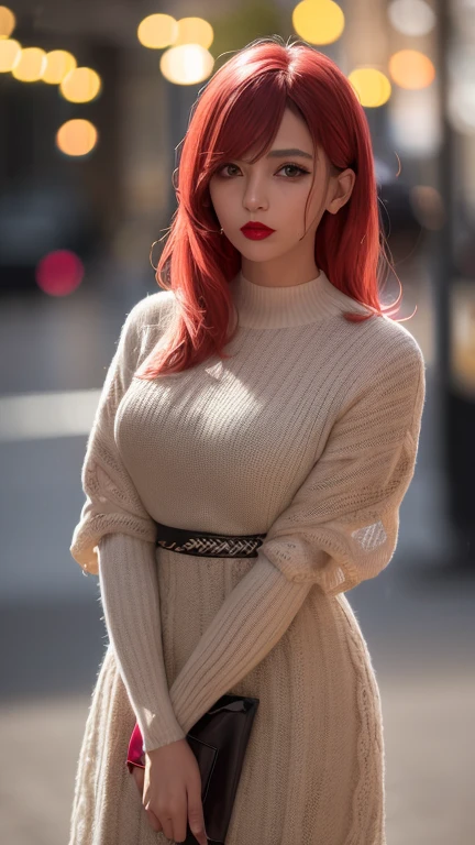 mulher, 30 anos, Roupas de primavera,cabelo interno colorido, inventar, Red lips, cinematic lighting, florescer, Bokeh, de cima, Ultra HD, obra de arte, pele texturizada, super detalhe, alta qualidade, postura sedutora
