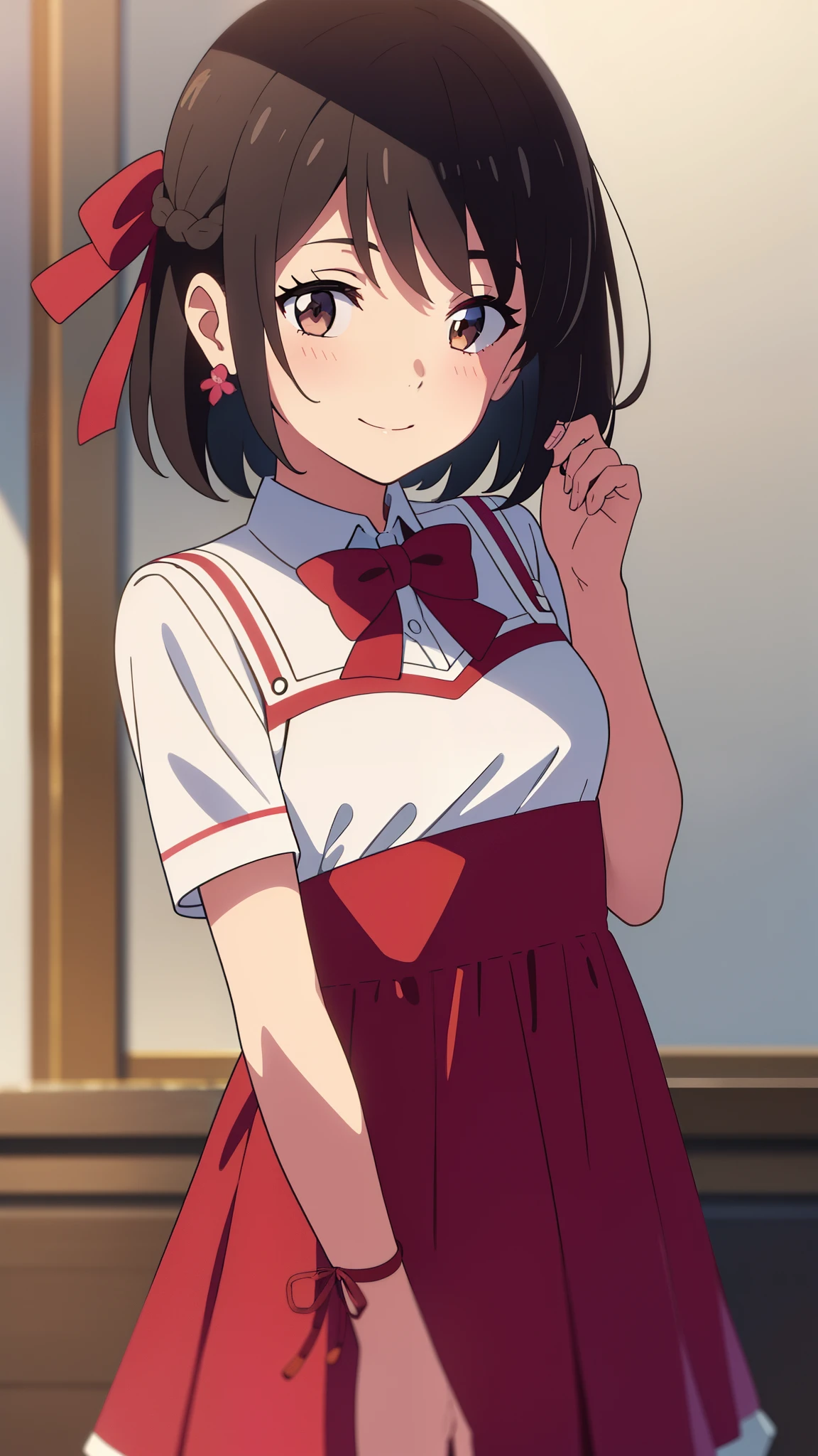 shinkai makoto, kimi no na wa., 1girl, bangs, black hair, blush, brown eyes, shinny hair, shinny skin, red headband, red bow, red ribbon, chemise dress, short hair, smile, cute girl, solo, happy, beautiful, looking at the viewer, short sleeves, earrings, pastel color, watercolor, flower background