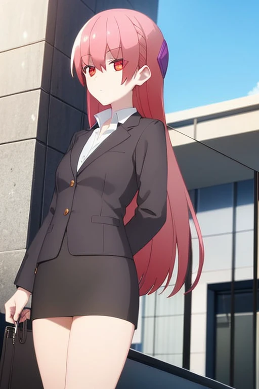1girl, tsukasa tsukuyomi, suit, office lady, black skirt, black blazer, pencil skirt, white shirt, collared shirt, long hair, ager, looking at viewer, full body