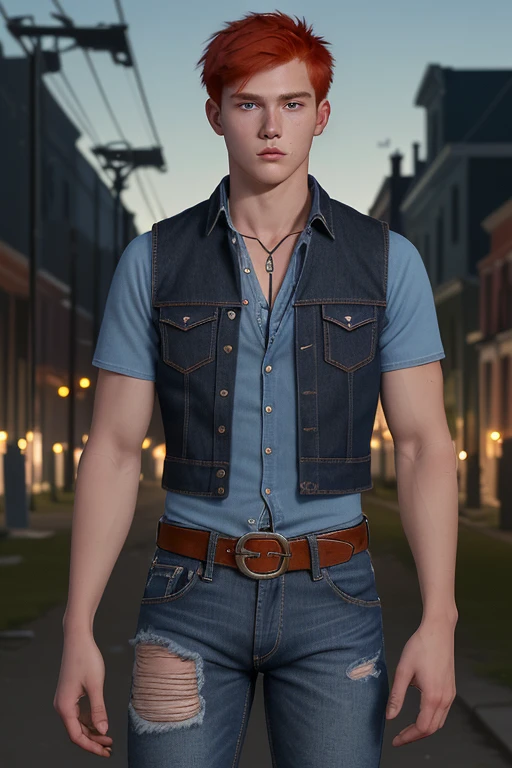 20-year-old man, red-haired horse, short hair, open jean vest, blue shirt, blue jean pants with skull prints, black belt, eye buckle, arcane, slim muscular complexion in the background of a New Orleans street at night, background of a cemetery at night. 