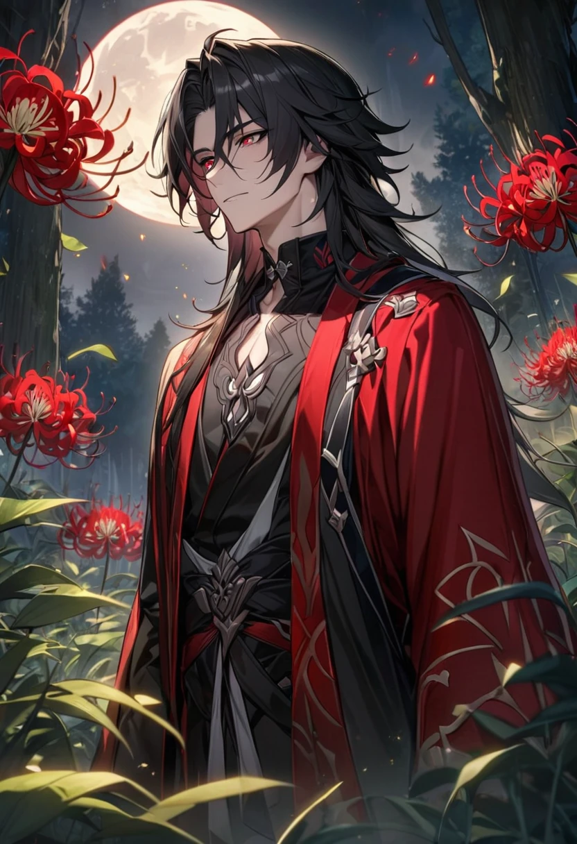 absurdres, highres, ultra detailed, HDR, master piece, best quality, Blade, black long hair, expressive crimson eyes, 1 adult man, extremely handsome, black kimono, red haori, Honkai star rail, extremely detailed face and eyes, keeling on the grass, black spider lilies around him,magical forest, green leaves, flowers, trees, night, moon