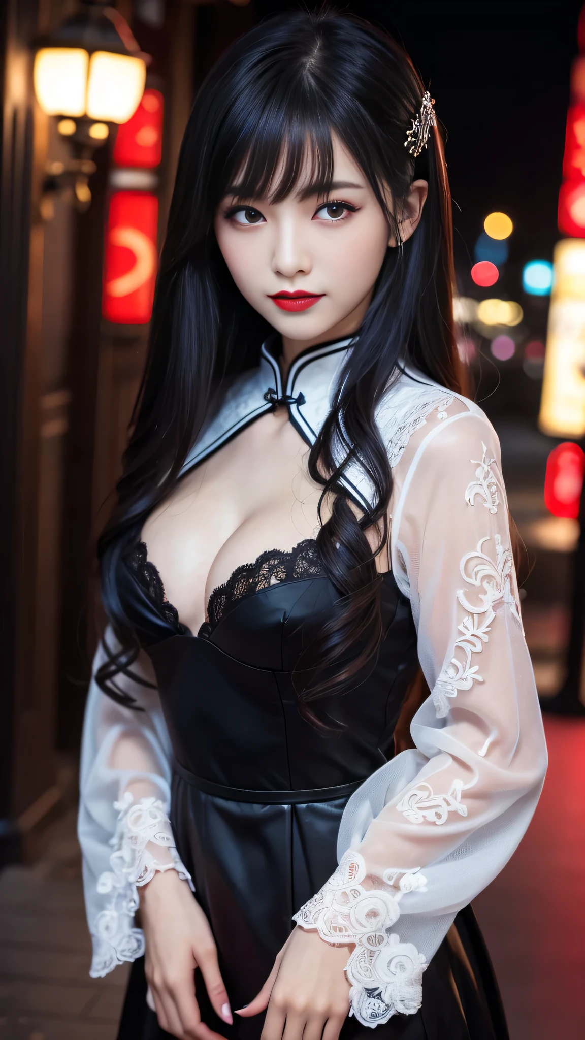 tra-detailed、Japanese、Attractive beauty、seductive adult woman、Pretty Woman、piercing eyes、cool girl、wavy hair、swept bangs、Long Black Cheongsam、Wide sleeves、Evil cadres、Fallen into evil、brainwash、mind control、lipstick、Lip gloss、dark makeup、smirk、Whisper in my ear、Evil expression、evil、hollow eyes,half-closed eyes、Hollow Eyes、evil、Church at night、Vampire、Succubus、vampire、Swear allegiance、Sexy pose、hair ornaments、