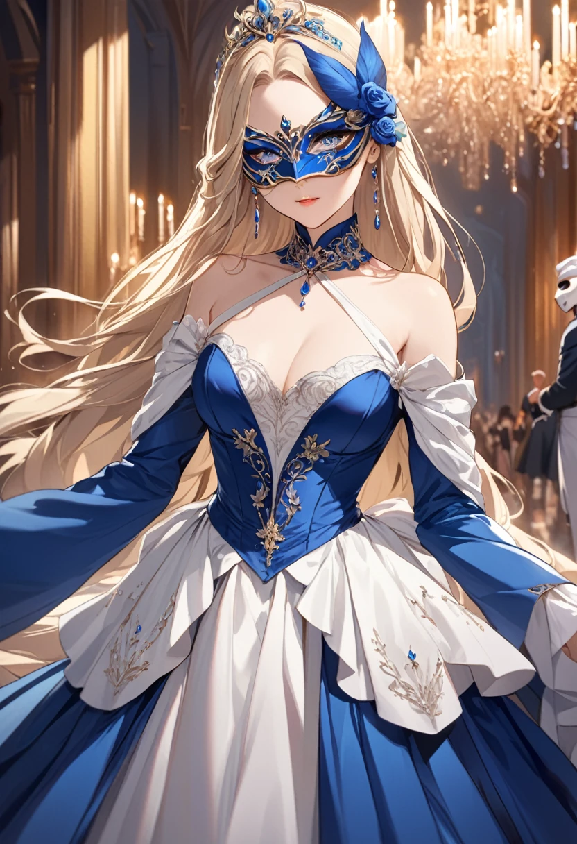 1 femme, longs cheveux blonds, yeux roses, masked face, robe de bal bleu, Princesse, chef-d'best quality work