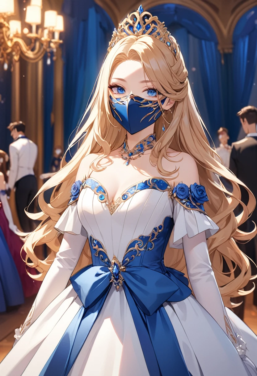 1 femme, longs cheveux blonds, yeux roses, masked face, robe de bal bleu, Princesse, chef-d'best quality work