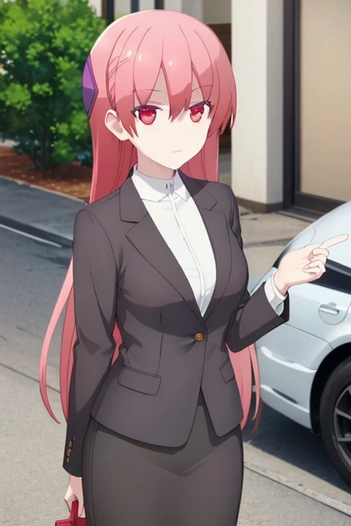 1girl, tsukasa tsukuyomi, suit, office lady, black skirt, black blazer, pencil skirt, white shirt, collared shirt, long hair, teenager, looking at viewer, full body
