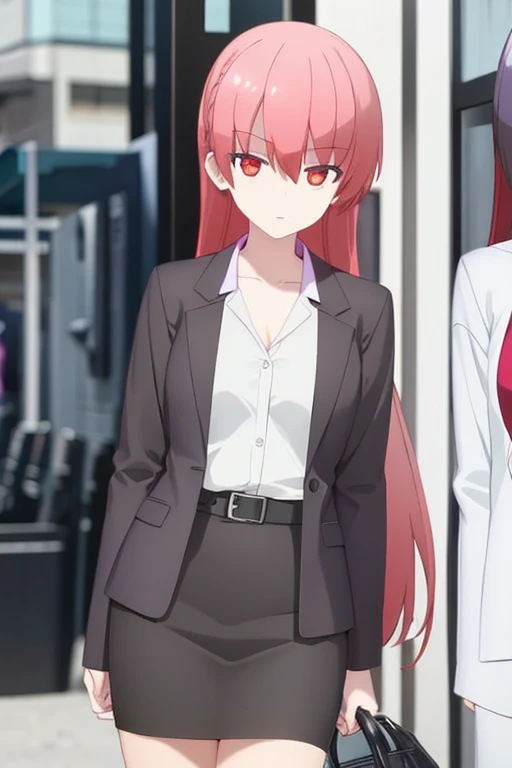 1girl, tsukasa tsukuyomi, suit, office lady, black skirt, black blazer, pencil skirt, white shirt, collared shirt, long hair, ager, looking at viewer, full body