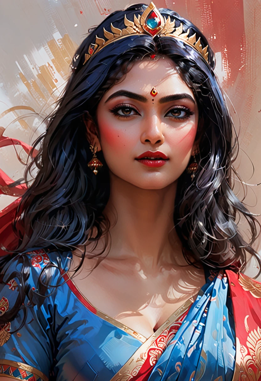 rmx, a close up of a woman in a blue and red sari, indian goddess, a beautiful fantasy empress, indian empress, ((a beautiful fantasy empress)), portrait of modern darna, persian queen, artwork in the style of guweiz, extremely detailed artgerm, royal elegant pose, commission for high res, beautiful goddess, in style of artgerm, indian