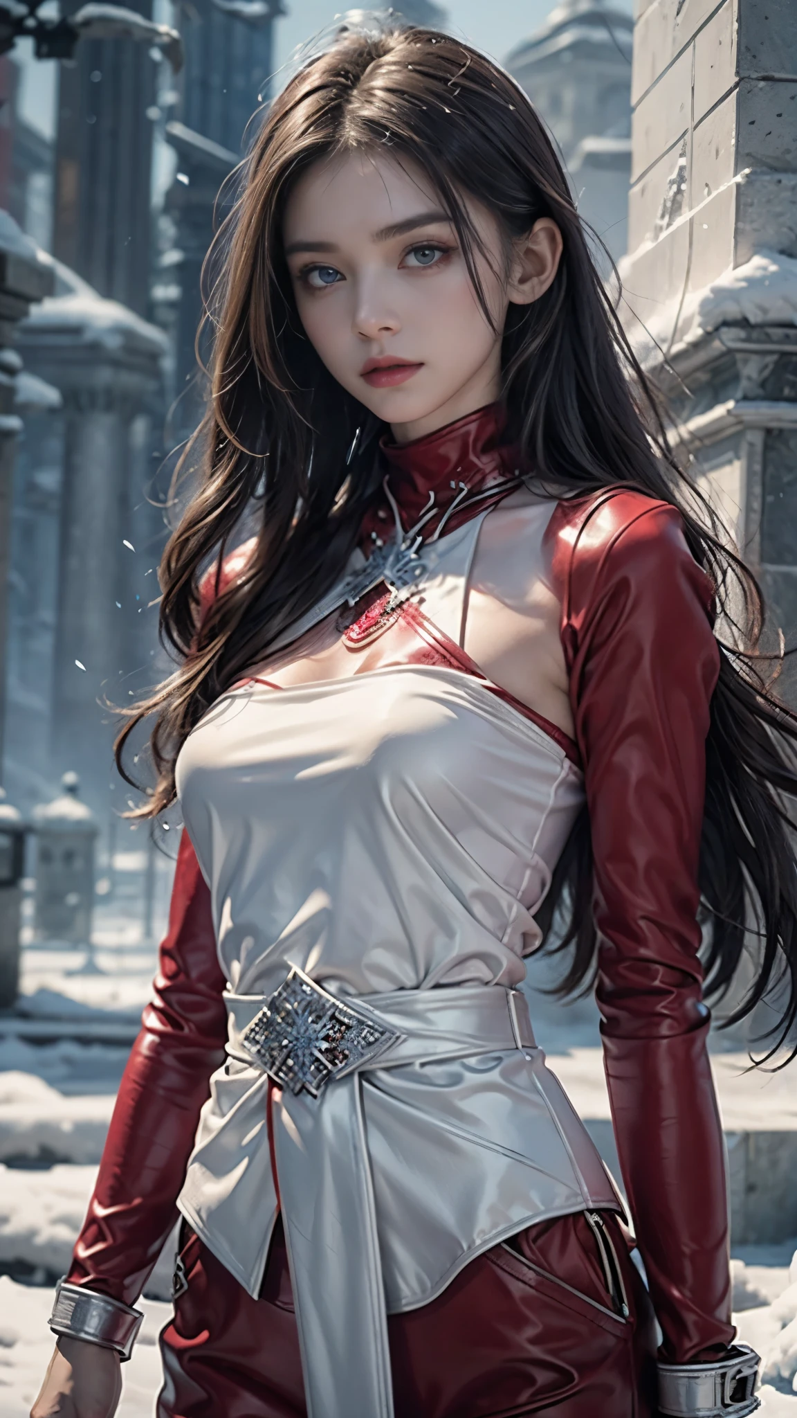 a beautiful ice goddess, perfect slim body, good face, very long hair, realistic eyes, small breasts, ice magician, ice elemental, intricate design and details, chilling mist, cold, blizzard storm, conjuring ice spell, casting ice spell, transparent dress, (red dress:1.5), (strips waist dress:1.5), realistic ice effect, snow particles, dark fantasy art style, ruined city, dramatic lighting, cinematic, sitting,