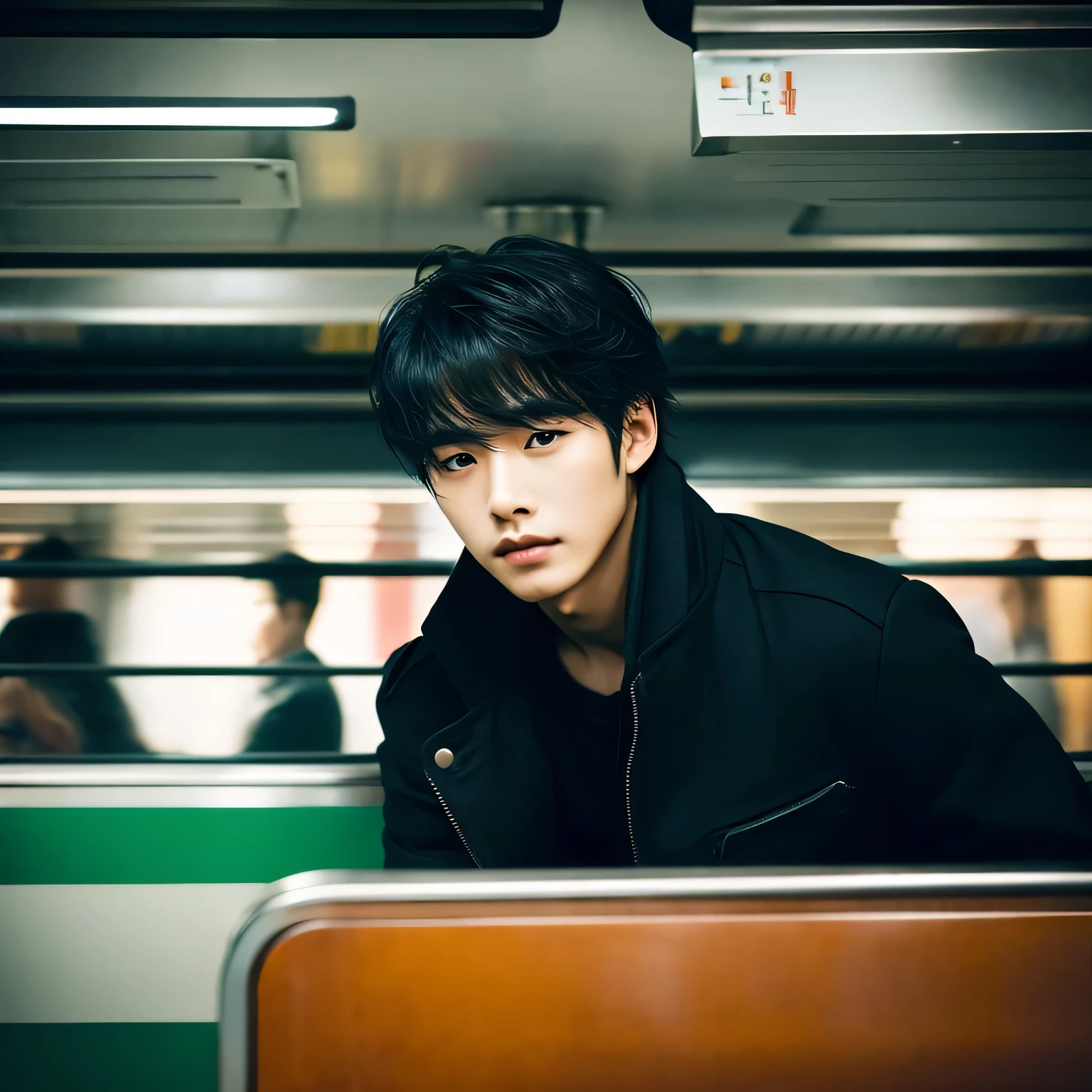 Cinematic Photo of a handsome korean man fashion model bokeh train, medium black hair 