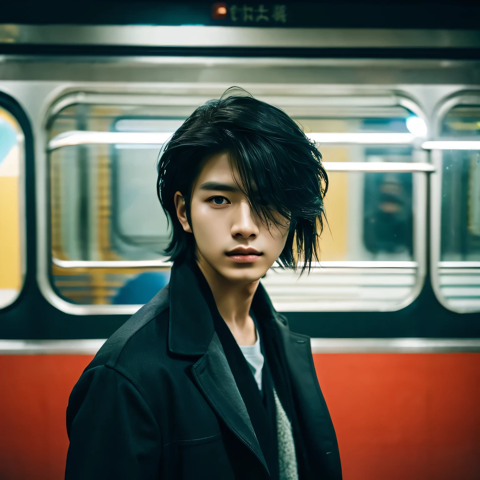 Cinematic Photo of a handsome korean man fashion model bokeh train, medium black hair