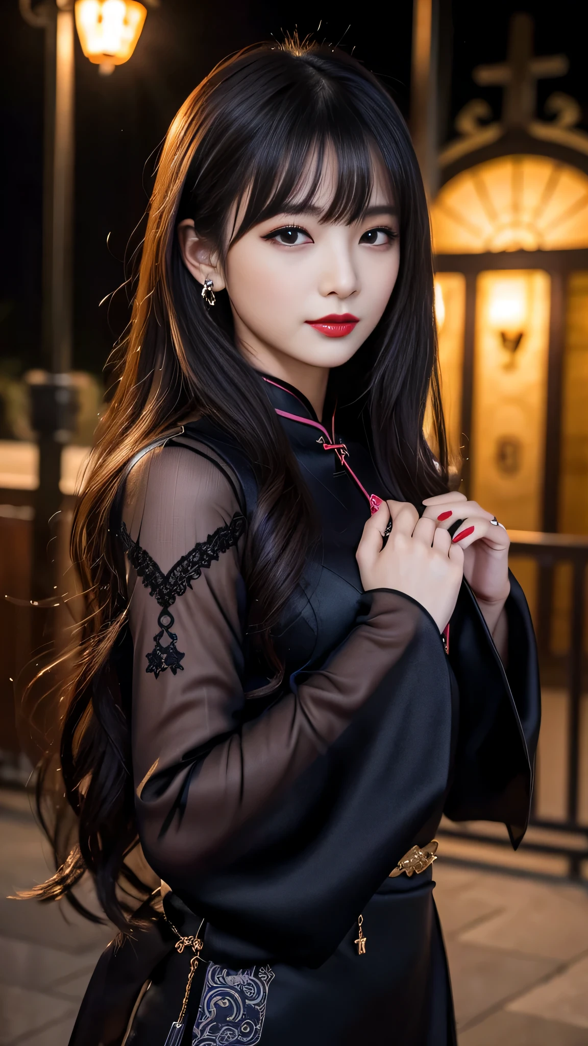 tra-detailed、Japanese、Attractive beauty、seductive adult woman、Pretty Woman、piercing eyes、cool girl、wavy hair、swept bangs、Long Black Cheongsam、Wide sleeves、Evil cadres、Fallen into evil、brainwash、mind control、lipstick、Lip gloss、dark makeup、smirk、Whisper in my ear、Evil expression、evil、hollow eyes,half-closed eyes、Hollow Eyes、evil、Church at night、Vampire、Succubus、vampire、Swear allegiance、Sexy pose、hair ornaments、