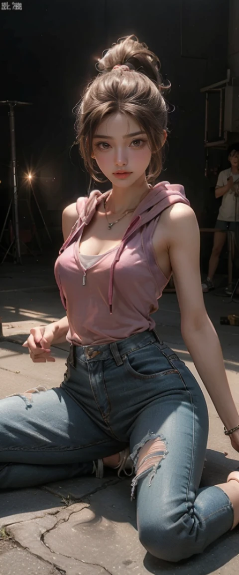 masterpiece、highest quality、High resolution、Realistic、High resolution、RAW Photos、 ?????????, Toned body like an athlete, Slender and hot body, Elegant form, Sunburn, Working in the fields outside, Overalls, beautiful Face, Octane Rendering, Digital Art, Extremely detailed, 4K, Ultra HD, Polished, beautiful, Ultra-detailed, Complex, Elaborate, Scrupulous, Realistic, Sharp focus, WLOP, Character Design, Unreal Engine, 3D Rendering, Volumetric lighting, reflection, Shiny, digital illustration, Sensual pose, Provocative pose, ???????, full body shot, Anatomically correct、((One girl、Woman in hoodie, Ripped jeans and sneakers lying on the ground、Colorful and vibrant graffiti background、Detailed face and eyes、beautiful顔、ponytail、Shiny肌、Realistic skin texture、Necklace Sparkle、Dynamic pose、Looking at the audience、 ???????????、Big ???))、