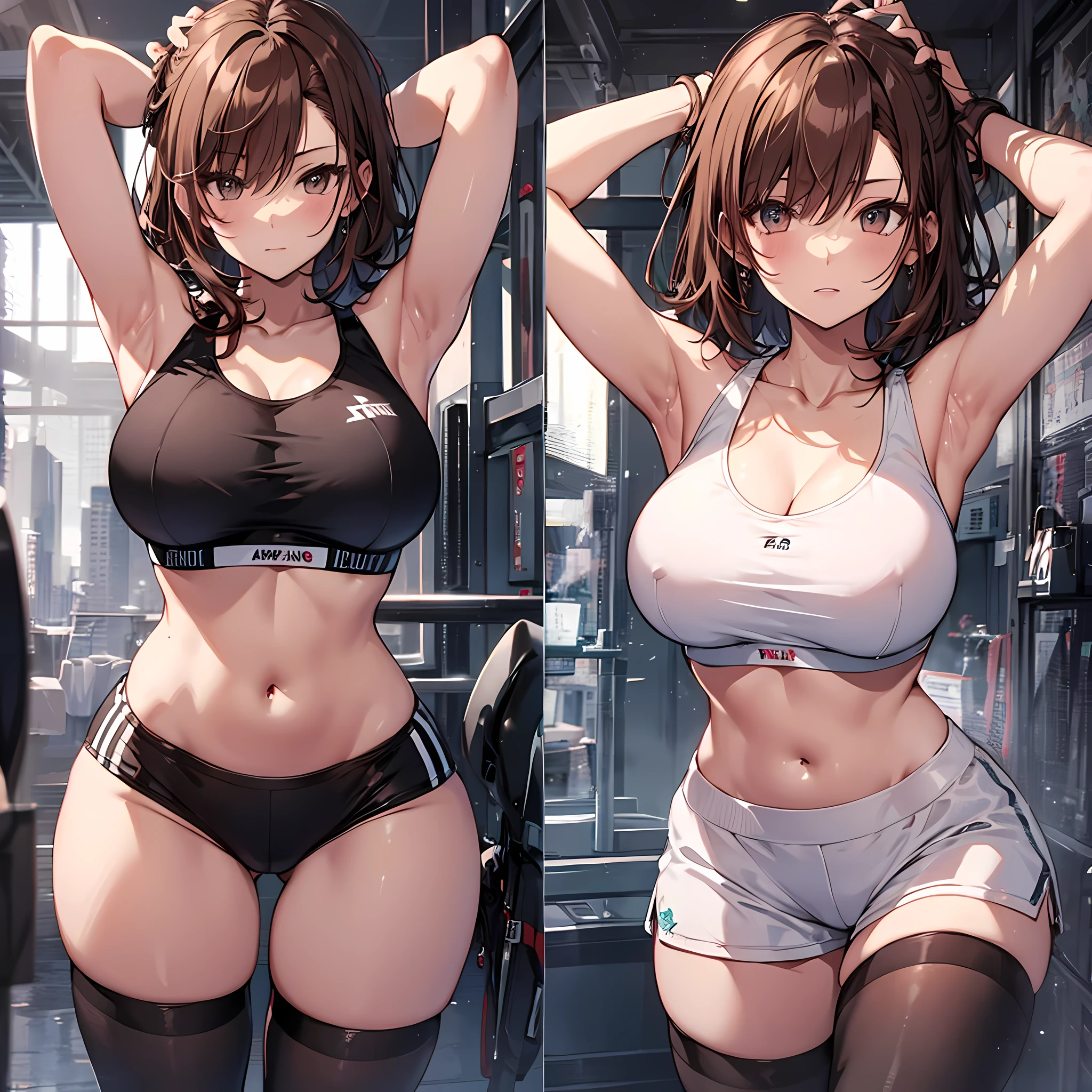 A masterpice, 4K, best quality, Misaka_mikoto ribbon from, Sports Bra, Latex Shorts, are standing, arms folded,、cool expression Beautiful gym, brown-eyed, Short_hair, gigantic_Breast, looking at the viewers, covered nipples, camrltoe,