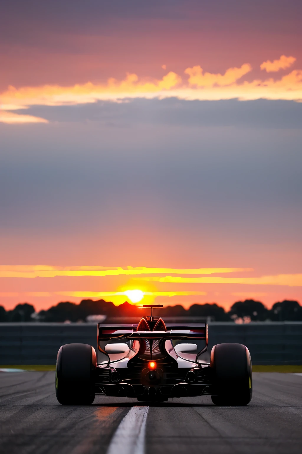 Formula 1 racing. Sunset. Overtaking. Close-up. Very contrasting pattern