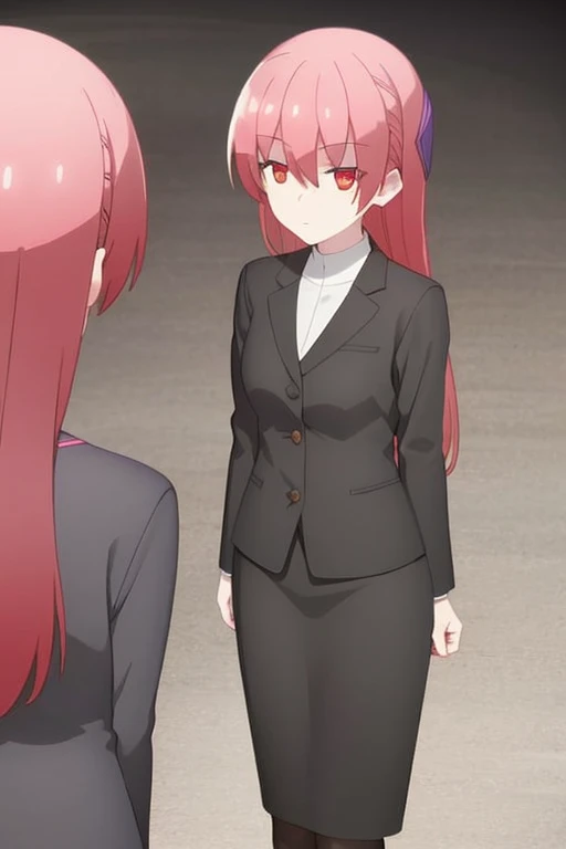 1girl, tsukasa tsukuyomi, suit, office lady, black skirt, black blazer, pencil skirt, white shirt, collared shirt, long hair, teenager, looking at viewer, full body