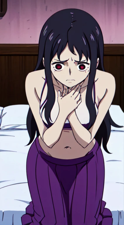 In the dimly lit room, an anime-style depiction of a dark-skinned girl lies in agony on her bed. Her lithe figure is clad in a cami crop top that exposes her slim, starved stomach, the ribs beneath visible through the thin fabric. Her long skirt hangs loosely around her, undisturbed by any movement. The girl's expression is one of immense pain and suffering, her large, expressive eyes filled with anguish and despair. Her dark hair falls around her face in loose waves, a stark contrast to her pale complexion. Her hands cradle her abdomen, fingers digging gently into her skin as if trying to ease the pain