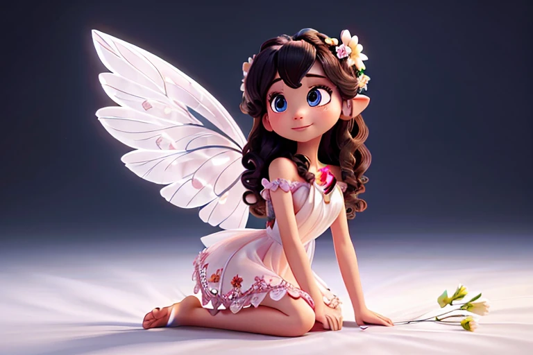 PIXAR DISNEY STYLE, WHITE BACKGROUND, FAIRY INSPIRED BY NATURE, SWEET, ANGELICAL CREATURE, LARGE FLOWERY WINGS, ELF EARS, LONG BLACK CURLY HAIR ADDED WITH BEAUTIFUL FLOWERS GIVING A ROMANTIC AIR, BLACK EYES, FLUID PINK DRESS WITH SHOULDERS AND CLAVICLE SHOWS FLOWERS AWARDING THE ENTIRE DRESS, BAREFEET WITH NATURAL STRINGS ADDING THE ANKLE, NO SETTING, WHITE BACKGROUND 4K