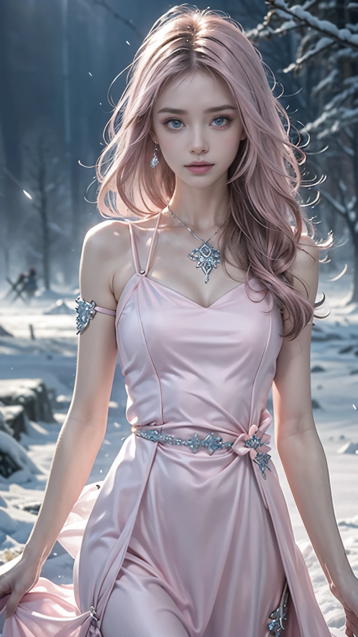 a beautiful ice goddess, perfect slim body, good face, long wavy hair, realistic eyes, small breasts, ice magician, ice elemental, intricate design and details, chilling mist, cold, blizzard storm, conjuring ice spell, casting ice spell, decorated dress, (pink dress:1.5), (strap dress:1.5), realistic ice effect, snow particles, dark fantasy art style, ruined city, dramatic lighting, cinematic,