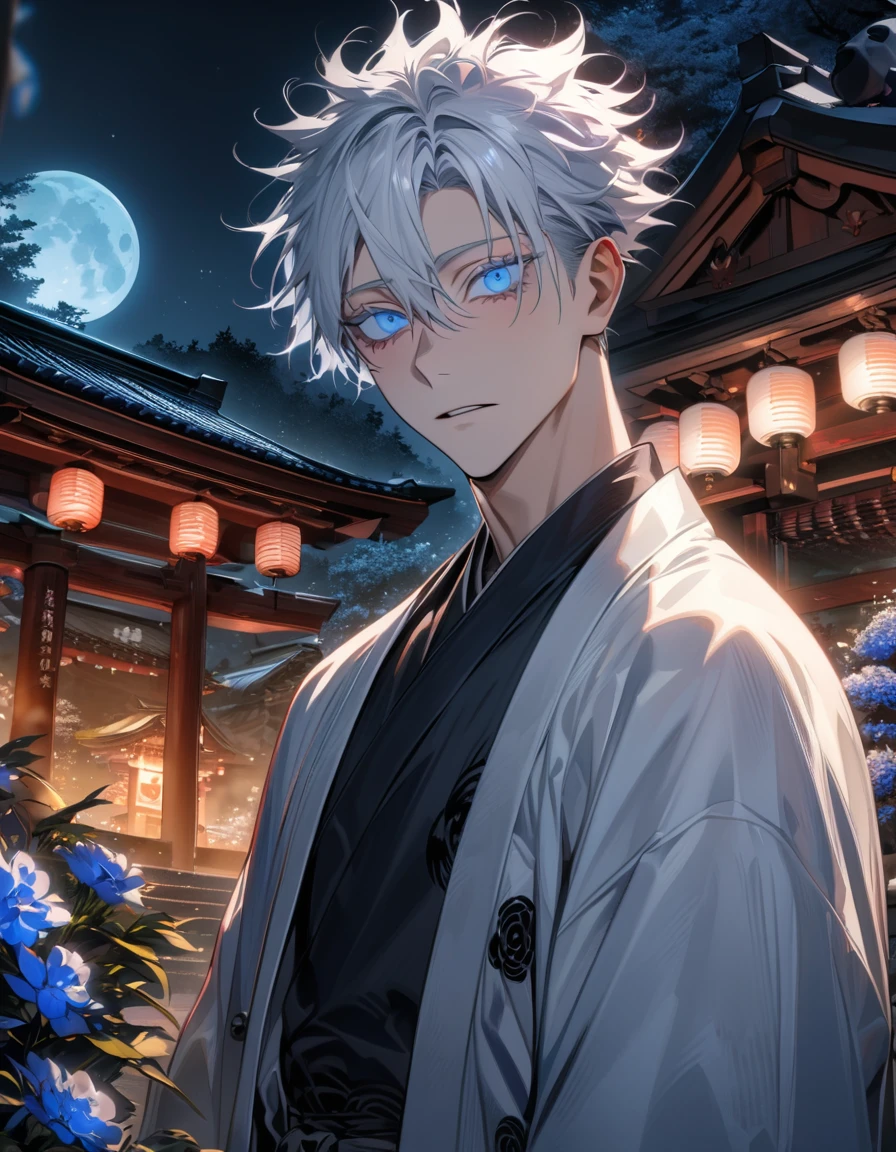 absurdres, highres, ultra detailed, HDR, master piece, best quality, extremely detailed face and eyes, Gojo Satoru, white hair with bangs, hair between the eyes, white eyelashes, expressive blue eyes, 1man, extremely handsome, white haori, black kimono, Jujutsu Kaisen, flowers, trees, night, moon, shrine