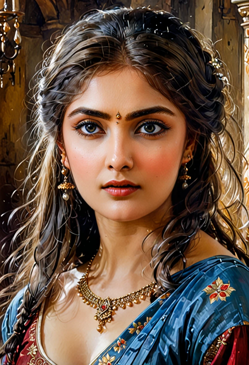 rmx, Looks like Kamalinee, portrait, girl, middle ages, classicism, andrey atroshenko style, painting, pierced eyes, beautifully styled hair, traditional media, realistic, figurative, fine art, oil on canvas, HDR, 8K, original character, high resolution, high detail, focus on the face, beautiful eyes 