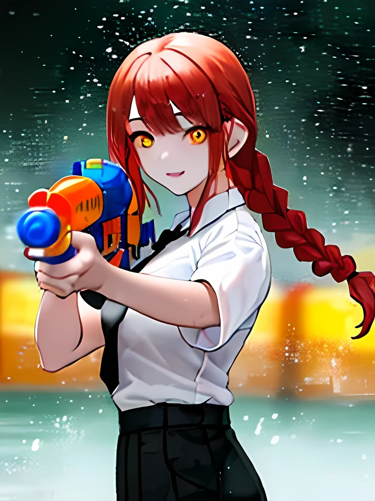 1girl, red hair ,yellow eyes ,braid, wearing white shirt, black slacks, black tie ,water gun. Songkran Festival,The background is people splashing water,atmosphere funny,