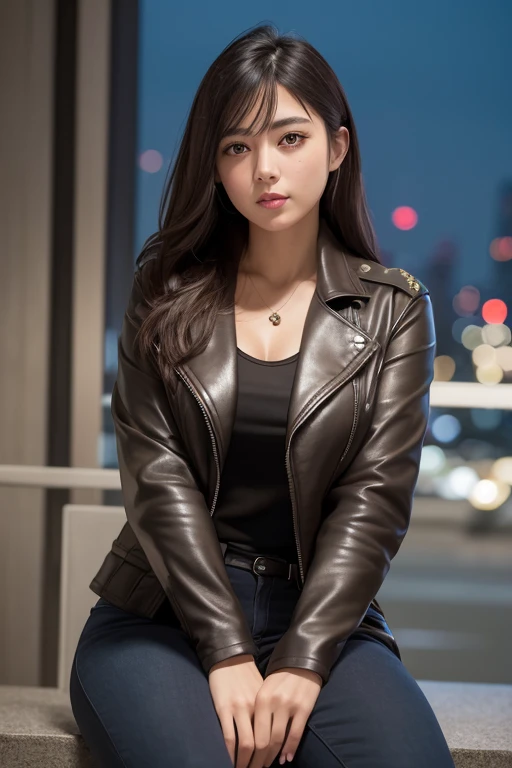 Best Quality, masuter piece, 超A high resolution, (Photorealistic:1.4), Raw photo, Professional Lighting, high-level image quality, high-detail, masterpiece、、New York City at night、beautiful female model、Georgia Fowler、Portrait of Anjo as a beautiful face with short dark brown hair。She is wearing a leather jacket、Black jeans、Wearing dramatic lighting(police badge:1.2)