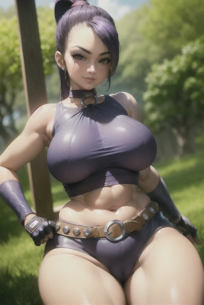 (masterpiece, best quality:1.1), 1girl, jade (dq11), (mature, aged up, sexy, plush lips:1.1), solo, ponytail, purple hair, purple eyes, large breasts, o-ring top, crop top, midriff, bare shoulders, shorts, belt, fingerless gloves, smile, beautiful day, nature, blue skies,(((Thick thighs))), 