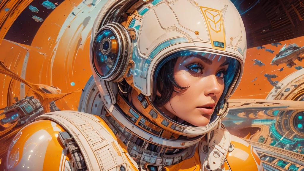 arafed image of a white woman in a futuristic suit with a spaceship in the background, movie art, in front of an orange background, inspired by Robert McGinnis, female protagonist, megastructure in the background, portrait of an ai astronaut, astronauts, an astronaut, portrait of a astronaut skeletor, perfect android girl, detailed eyes, frank franzzeta and sakimichan