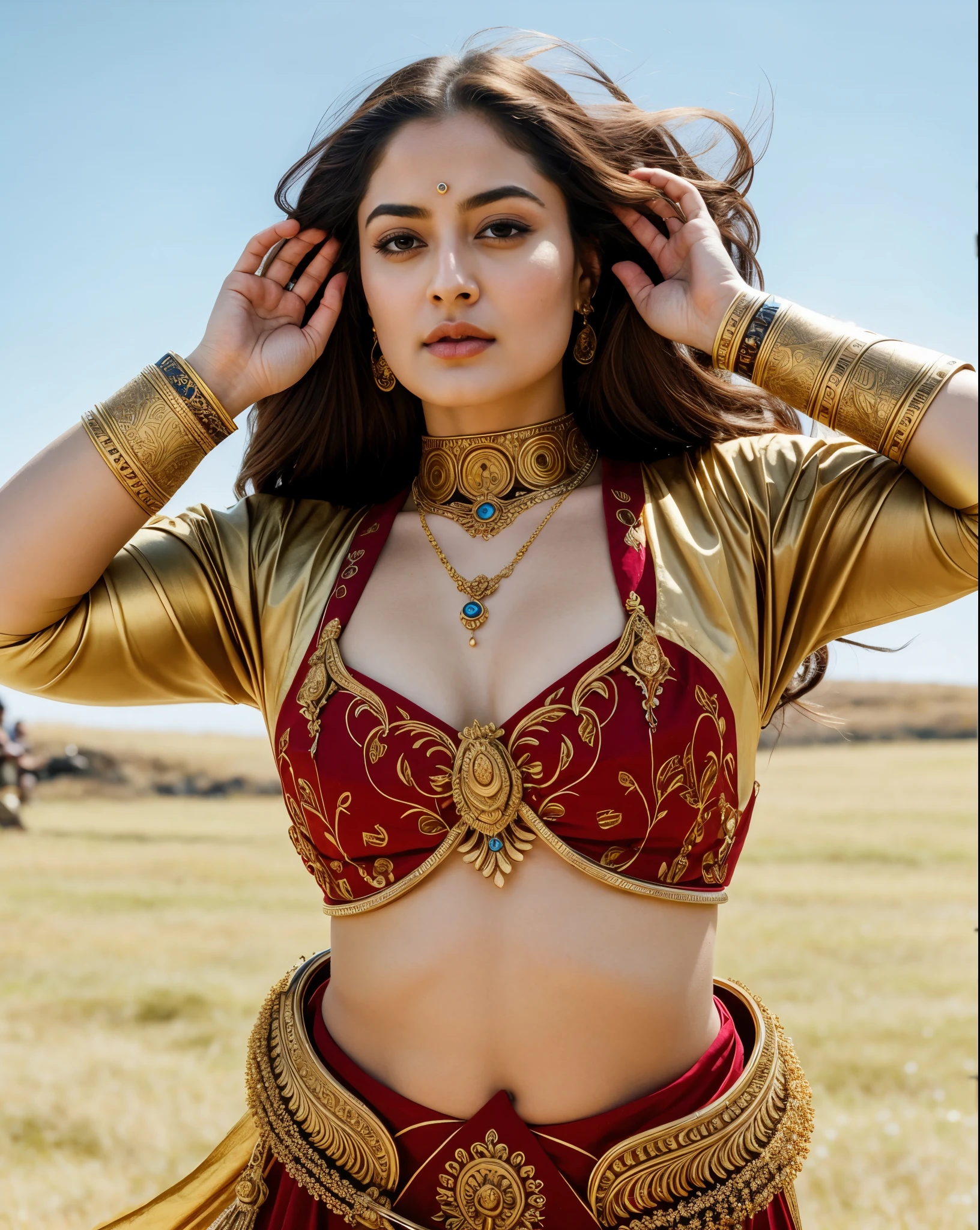 Looks like Sandeepa Dhar, "Design an illustration of a stunning and powerful warrior queen with a regal presence. She should possess a combination of strength and grace. Imagine her in ornate, yet practical armor that complements her figure. The armor should be adorned with intricate details and symbols representing her royal lineage and warrior prowess. Her weapon of choice could be a unique and elegant sword or a mythical weapon that reflects her status as a formidable leader.
Her facial features should exude confidence and determination, with piercing eyes that convey both fierceness and wisdom. The queen's hair, whether long or short, should flow dynamically, hinting at her movement in battle. Consider incorporating elements that emphasize her connection to nature or a mythical realm, such as ethereal backgrounds, symbolic animals, or mystical symbols.
Pay attention to the color palette; use rich, bold colors that enhance her royal aura. Experiment with lighting to highlight specific details and create a sense of drama. Ensure that her posture and expression capture the essence of a queen who commands respect and admiration. Feel free to draw inspiration from historical warrior queens or fictional characters, blending elements to create a unique and captivating image."