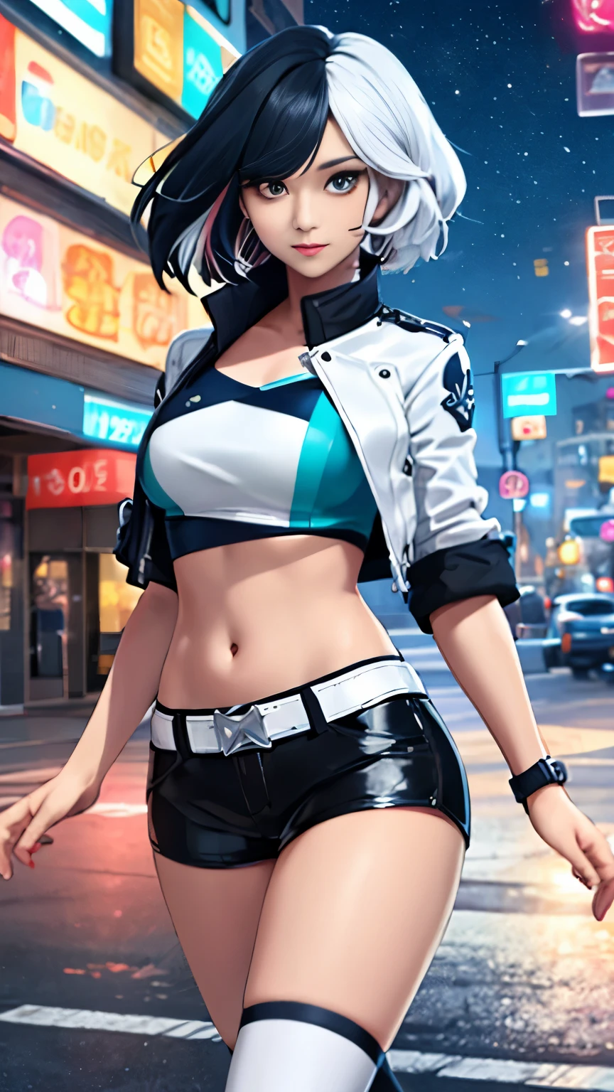 (Highly quality, masterpiece, detailed), night snowing city detailed scenario, night snowing city detailed background, 20 years old girl, solo, luna_snow, black hair, white hair, multi-colored hair, short hair, blue eyes, white eyes, multicolored eyes, black Leather crop top jacket, white leather shorts, white midriff, blue midriff, multicolored midriff, black footwear, white socks, blue socks, navel, perfect face, beautiful eyes, looking at the viewer, Sexy pose