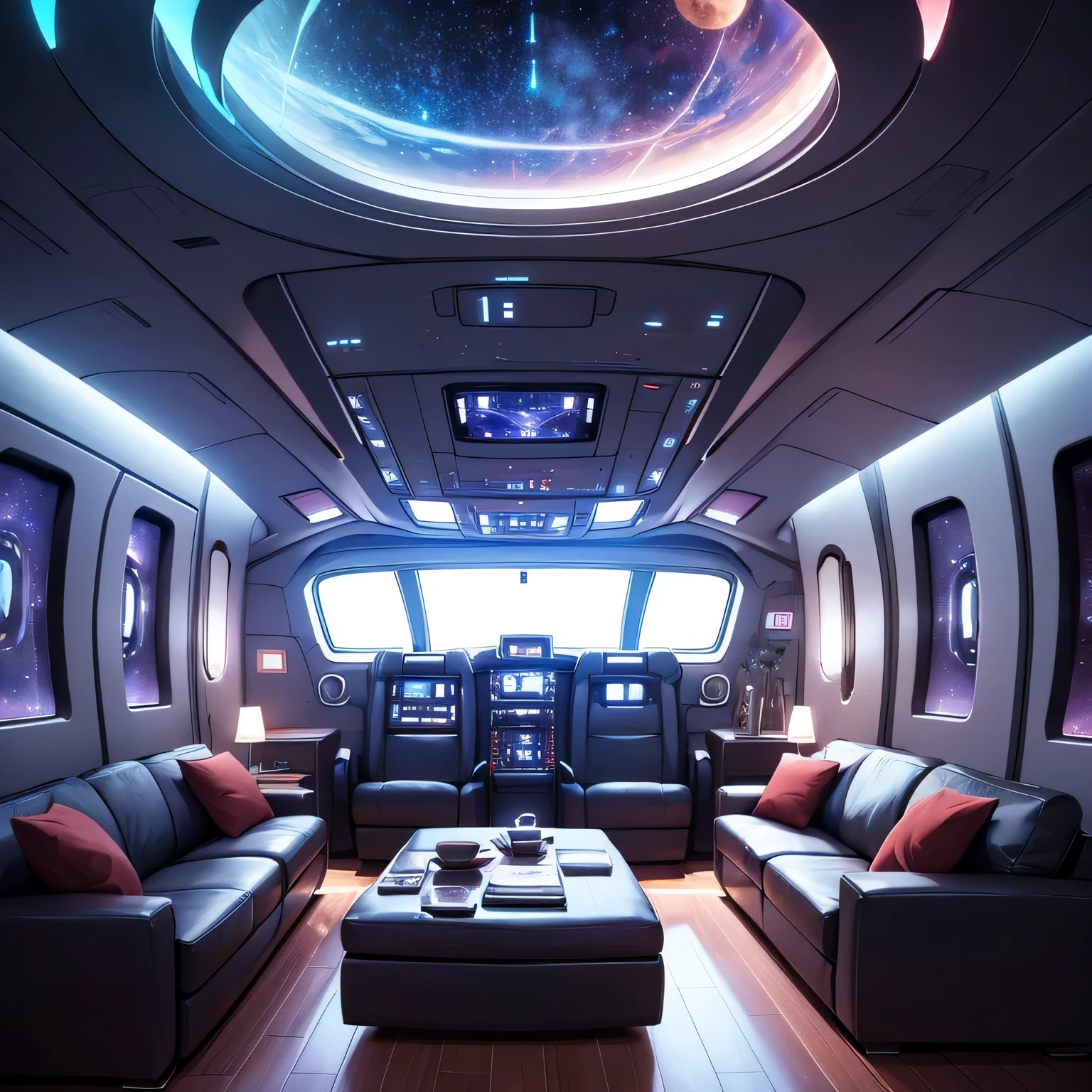 Spaceship livingroom. Cozy comfortable luxiruos livingroom. Sci-Fi. Big window. In the space. Stars