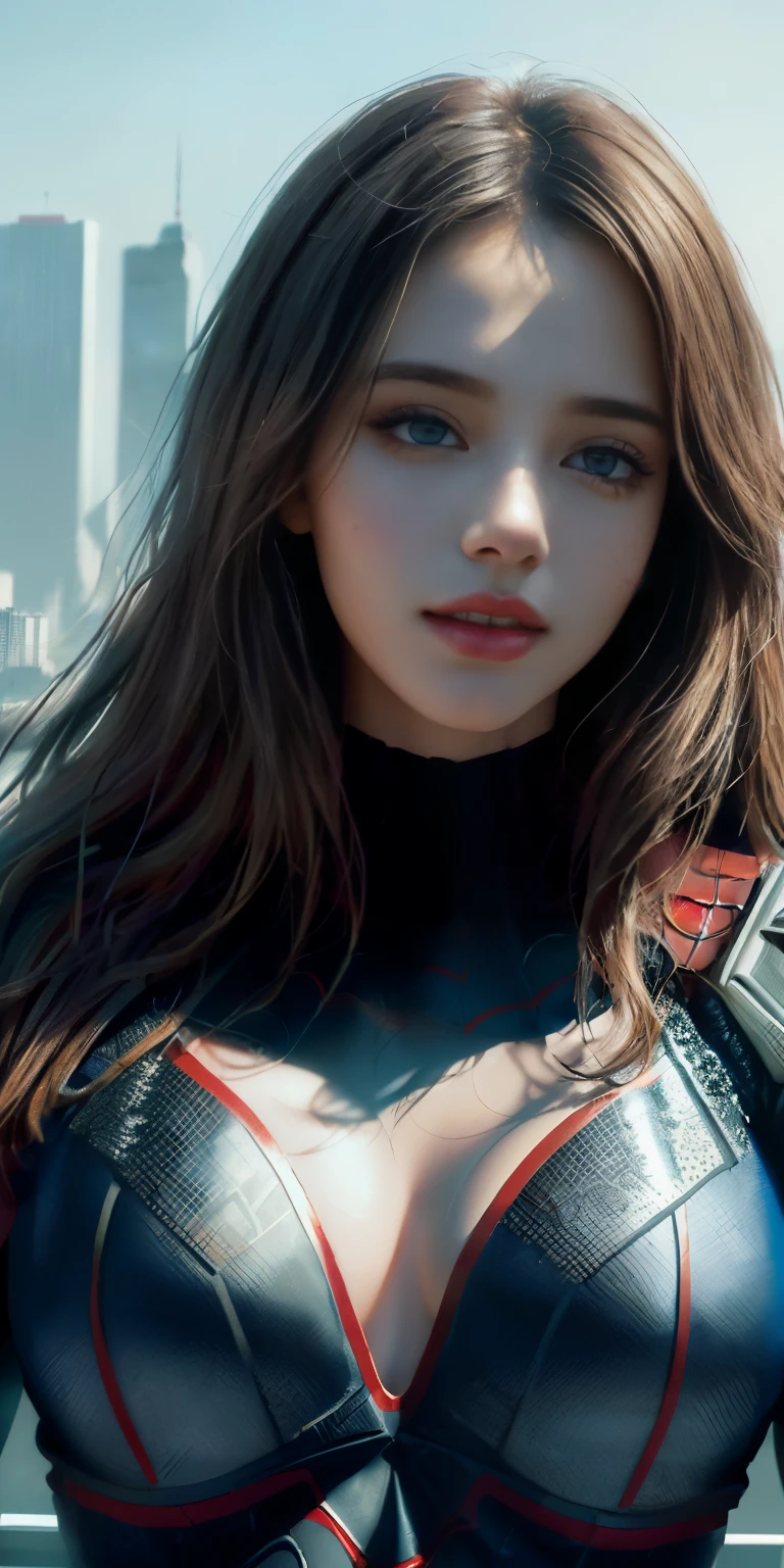 (Caribbean:1girl:1.3), Solo, (((Very detailed face)))), ((Very detailed eyes and face)))), Beautiful detail eyes, Body parts__, Official art, Unified 8k wallpaper, Super detailed, beautiful and beautiful, beautiful open cleavage, masterpiece, best quality, original, masterpiece, super fine photo, best quality, super high resolution, realistic realism, sunlight, full body portrait, amazing beauty, dynamic pose, delicate face, vibrant eyes, (from the front), She wears Spider-Man suit, red and black color scheme, spider, very detailed city roof background, rooftop, overlooking the city, detailed face, detailed complex busy background, messy, gorgeous, milky white, highly detailed skin, realistic skin details, visible pores, clear focus, volumetric fog, 8k uhd, DSLR, high quality, film grain, fair skin, photo realism, lomography, futuristic dystopian megalopolis, translucent