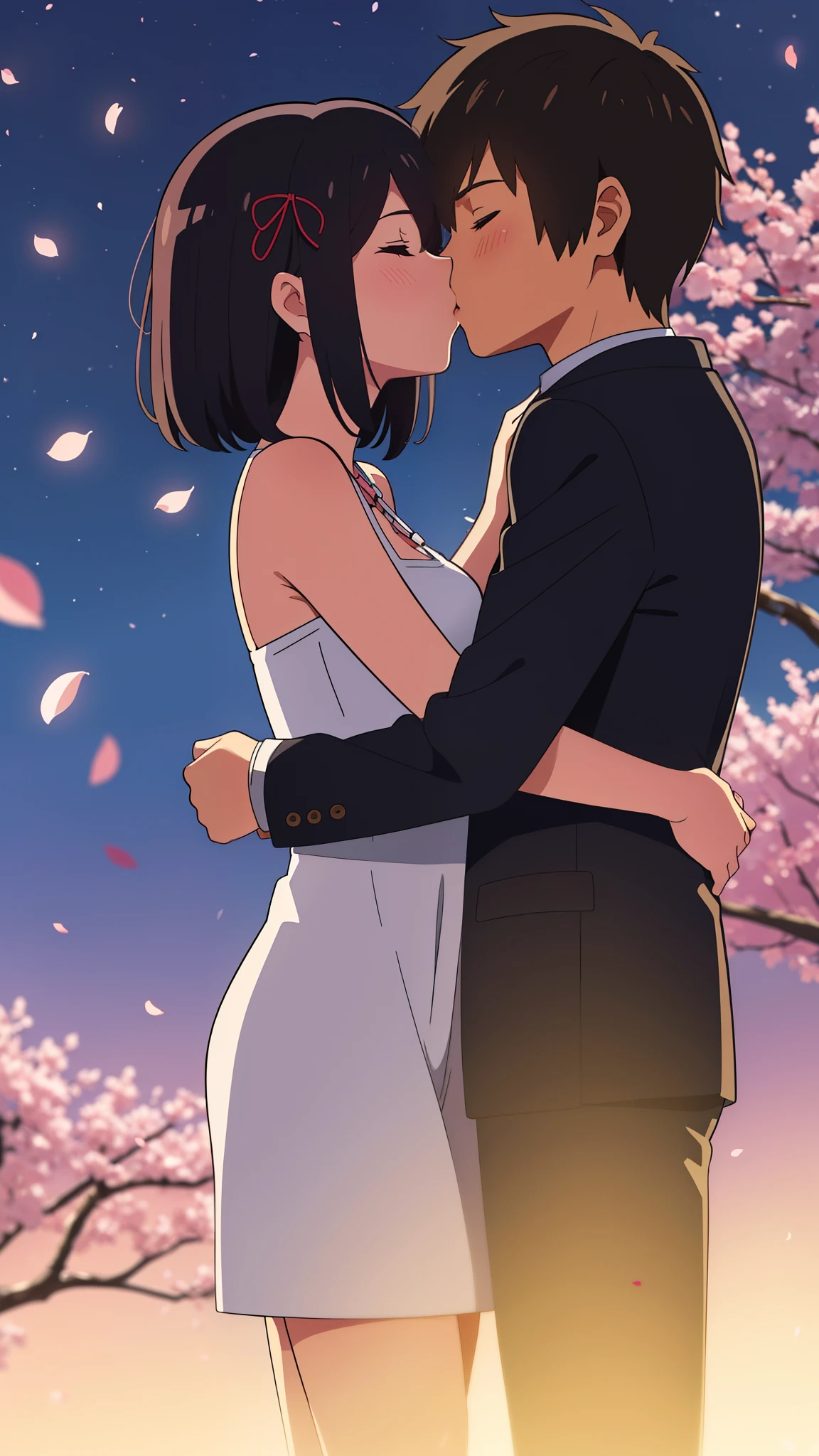 shinkai makoto, kimi no na wa., 1girl, 1boy, bangs, black hair, blush, (boy wear casual clothes), ((girl wear casual clothes, white dress, short dress, bare shoulders), red headband, red bow, red ribbon), short hair, cute, love, couple, adorable, dating, (((kiss, deep kiss))), closed eyes, passionate hug, upper body, cherry_blossoms, falling_petals, petals, branch, pink_flower, night, night sky, dynamic lights, spring_season, tree