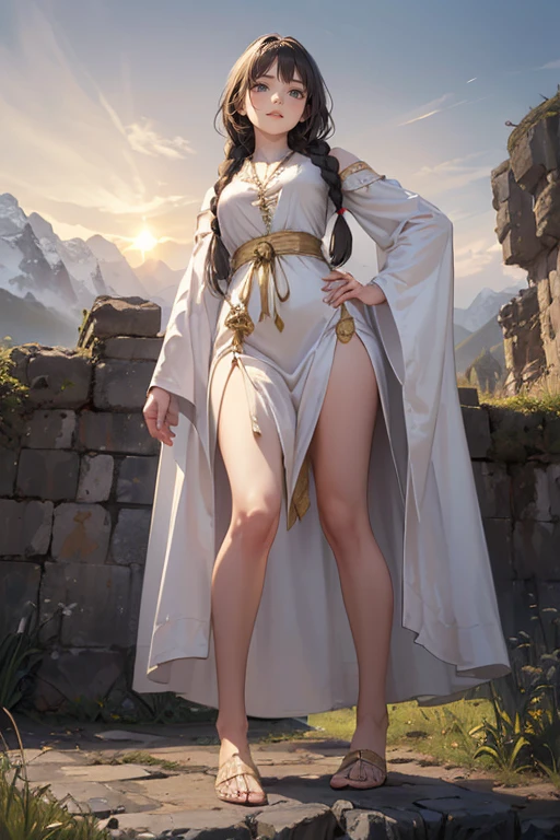 (Droopy eyes, Sleepy face, Angle from below, Realistic Skin), (((Bend your knees and lower your hips))), long thick braids, Leg spread, Casual Dresses, Outside the mountains, (Medieval Kingdom, Long white robe with gold trim), ((The dark hours of dawn)),