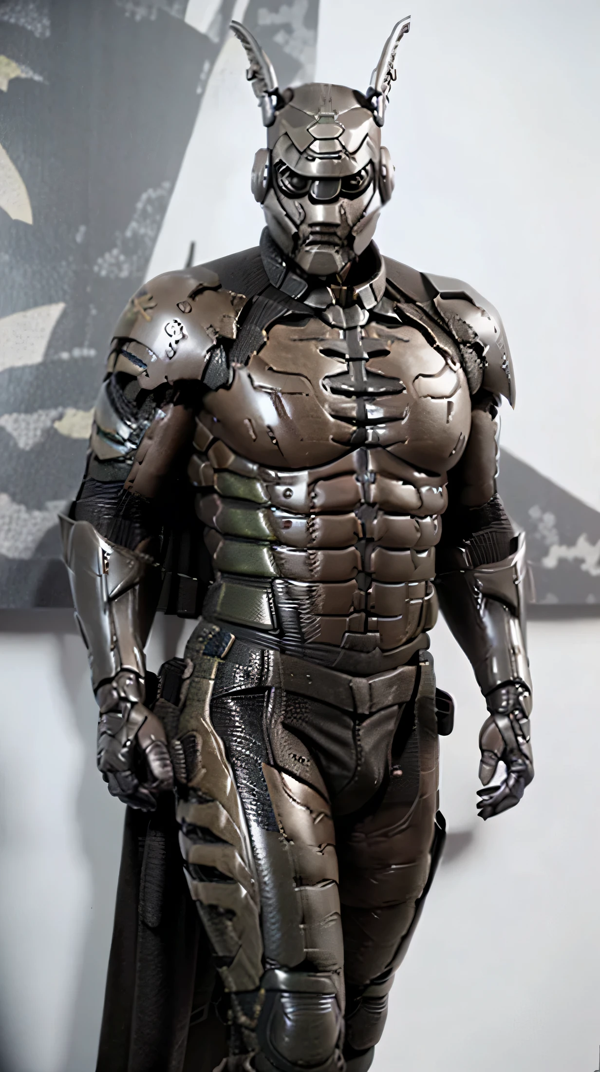 a close up of a person in a costume with a gun, digital art by senior character artist, trending on zbrush central, shin hanga, batman mecha, caracal cyborg, raiden from metal gear rising, from metal gear, jetstream sam from metal gear, steel gray brown body, full body x-force outfit, raiden metal gear, pitch black skin