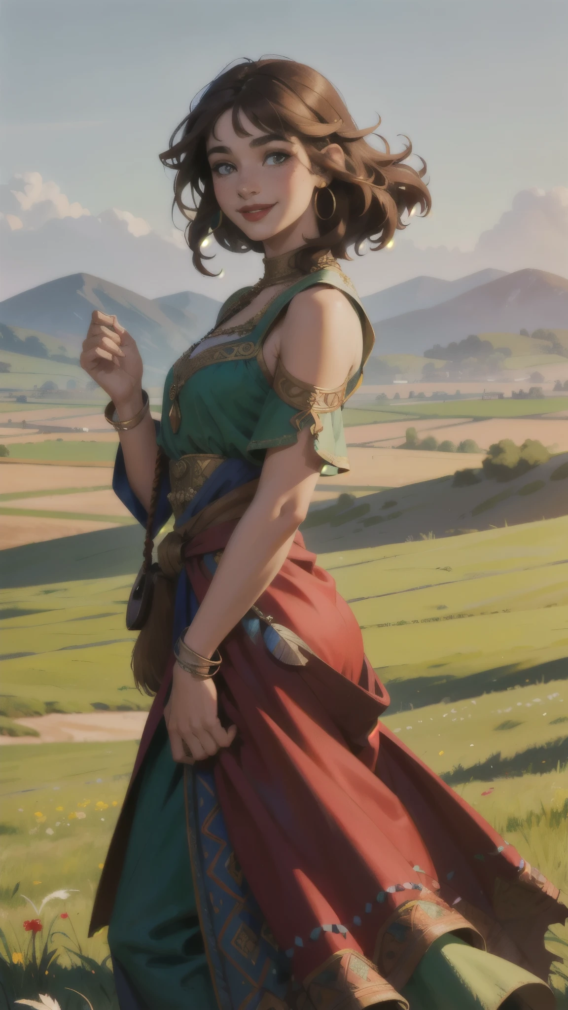 1 medieval gypsy, colorful clothes, feather earrings, curly brown hair, bangs, beautiful face, detailed face, freckles, red lips, smiling, beautiful eyes, early morning, grass field, depth of field, wind blowing